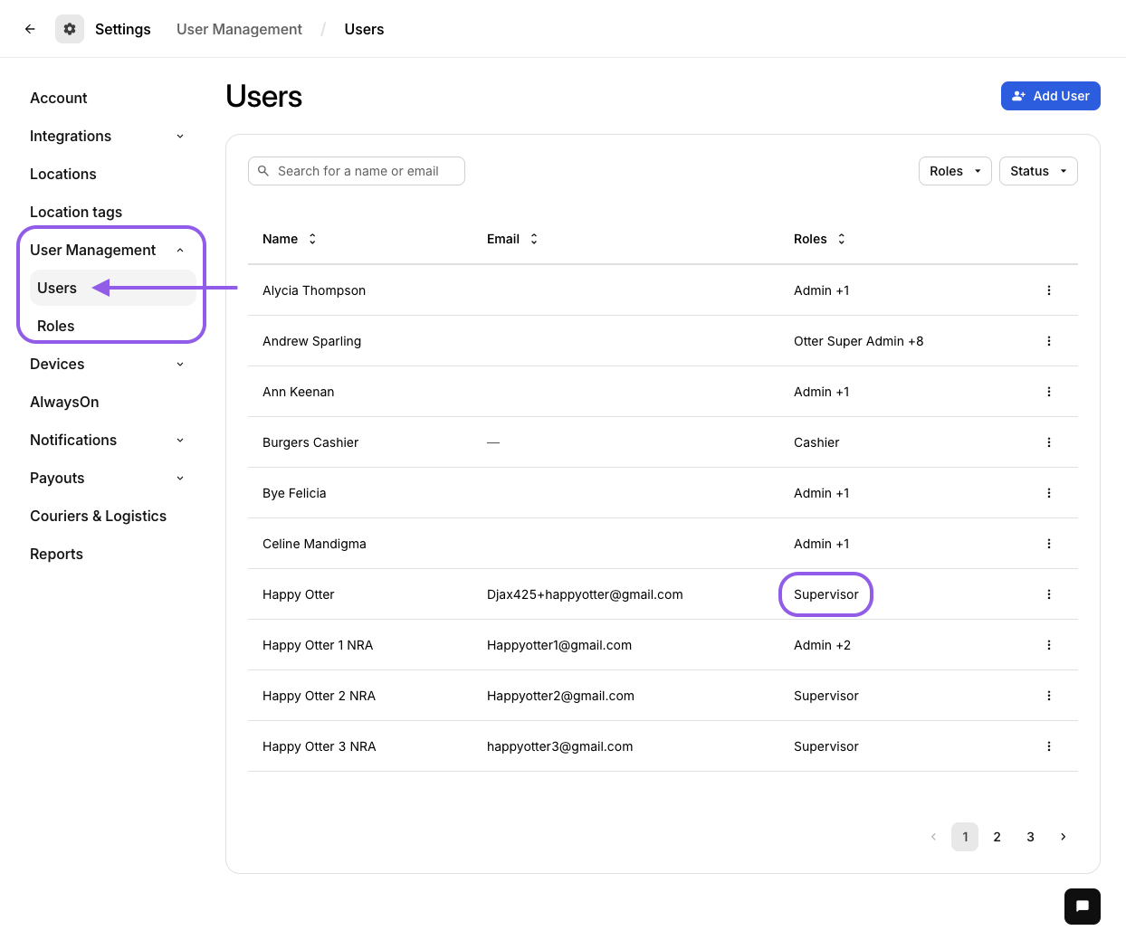 Gestion des utilisateurs dans le tableau de bord Otter
