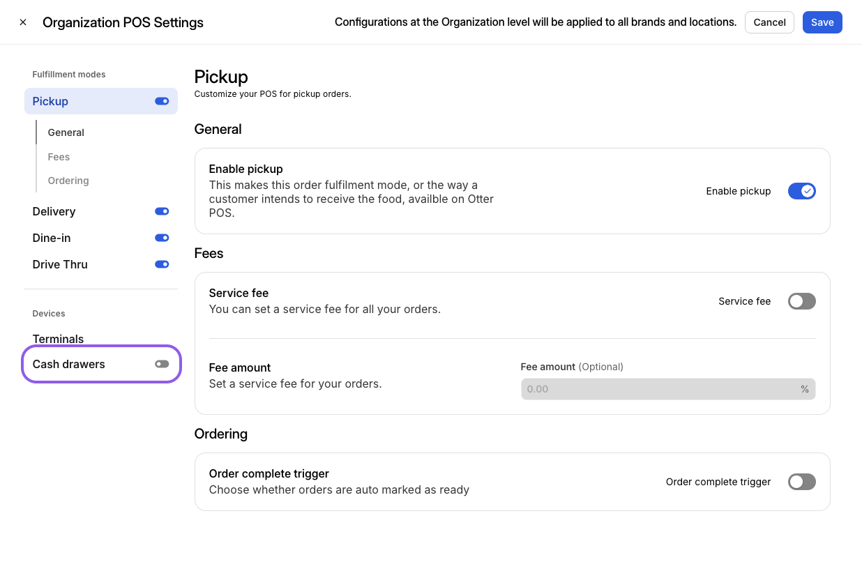 Select Cash drawers from POS Settings