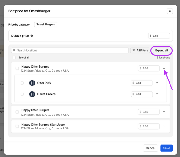 Expandir Detalles de Precios por Ubicación