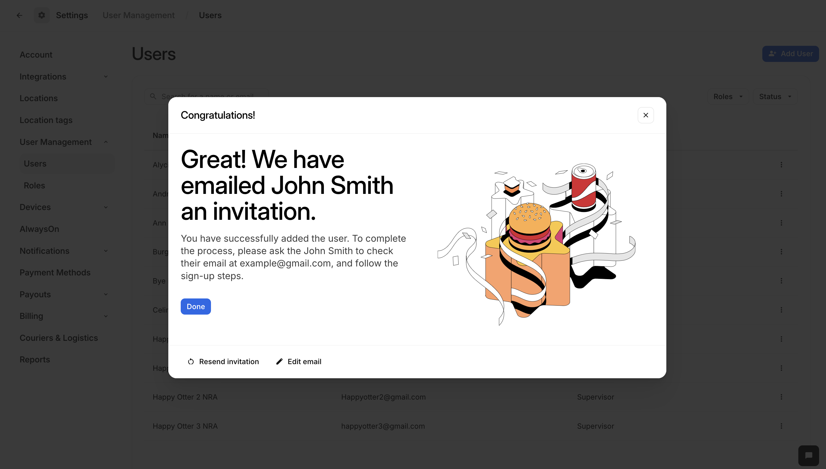 Invitation utilisateur envoyée