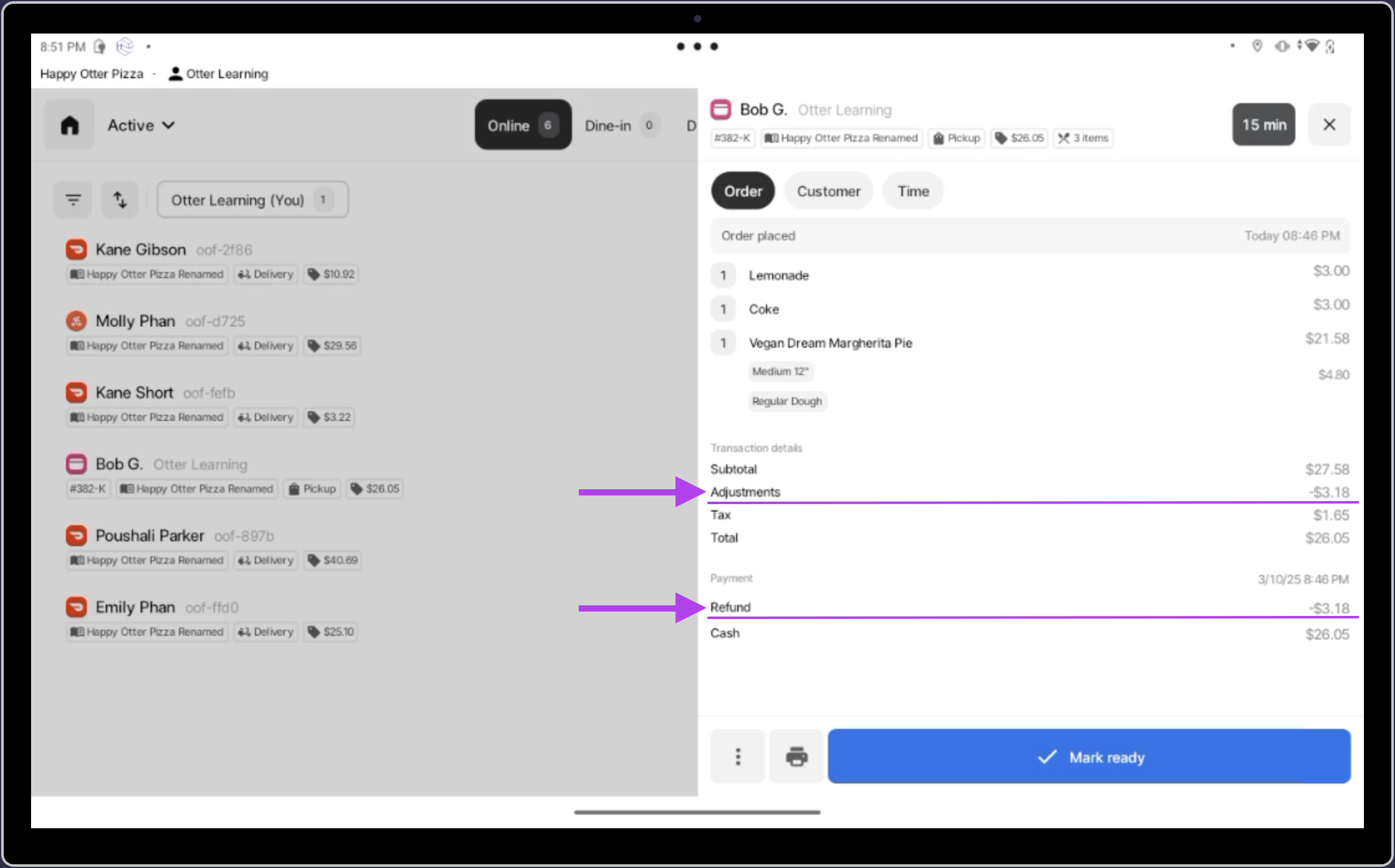 Adjustment and Refund visible in order details