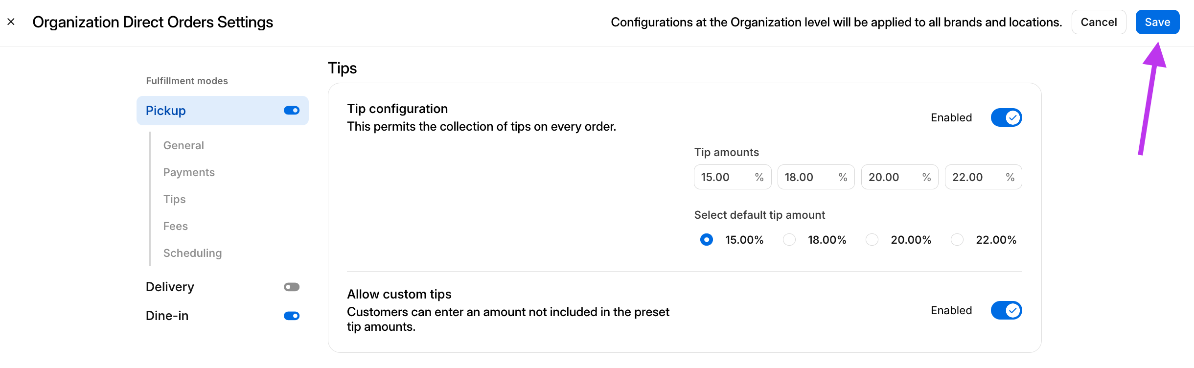 Save Tips Settings Direct Orders