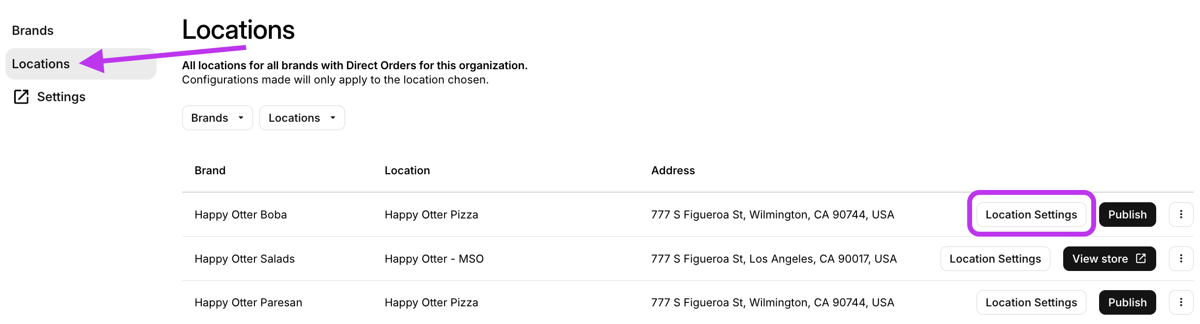 Location Settings Direct Orders