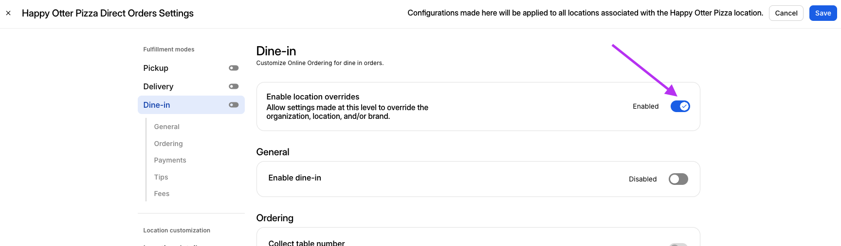 Enable Dine-in Override