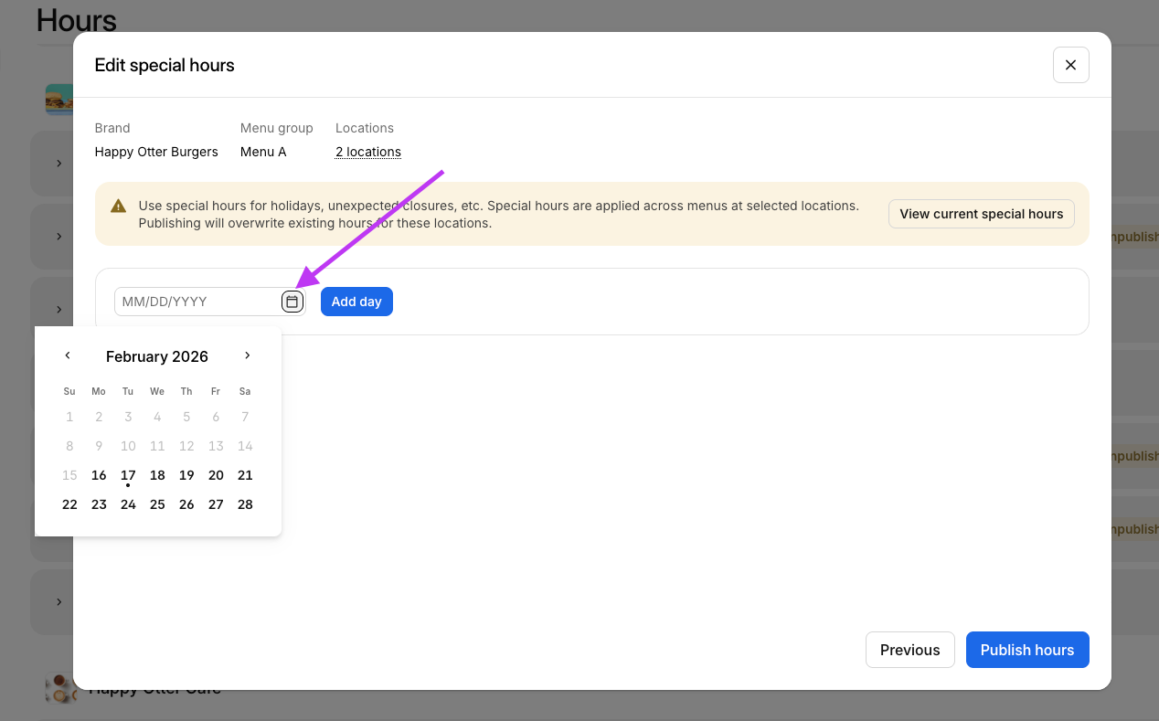 Special Hours Date Select