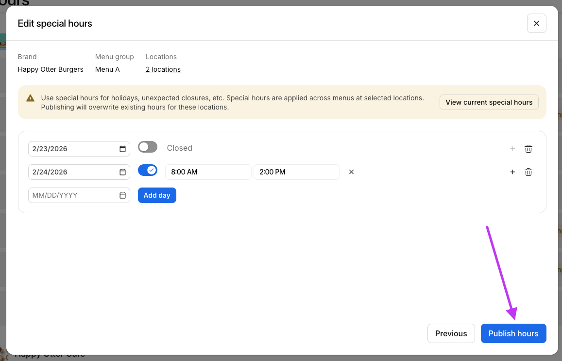 Publish Special Hours
