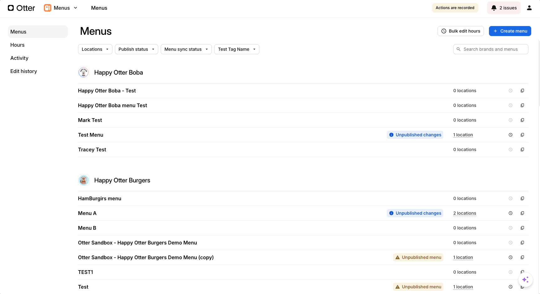 Menu Hours Tab Specific Menu