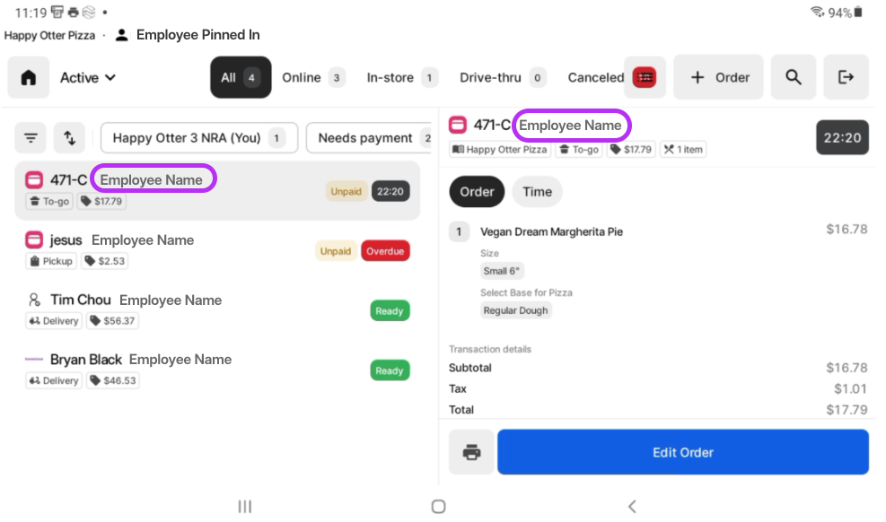 Employee Order Details Display