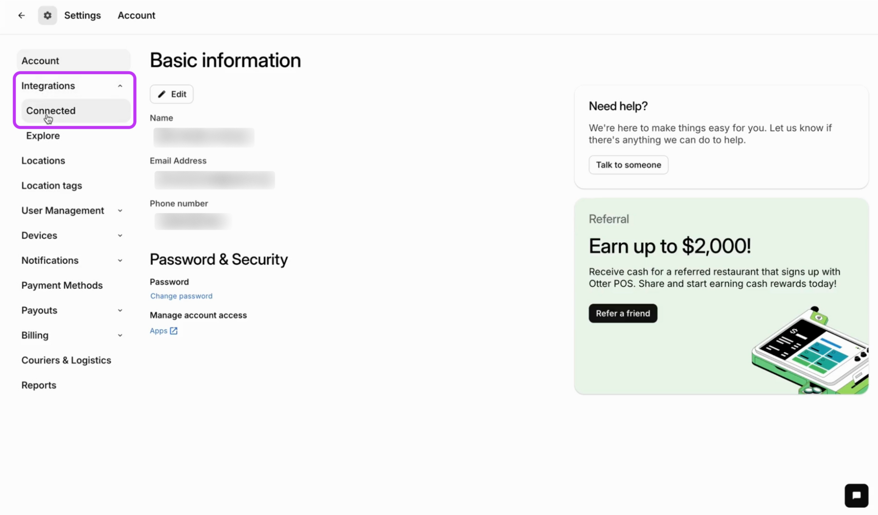 Integrations > Connected