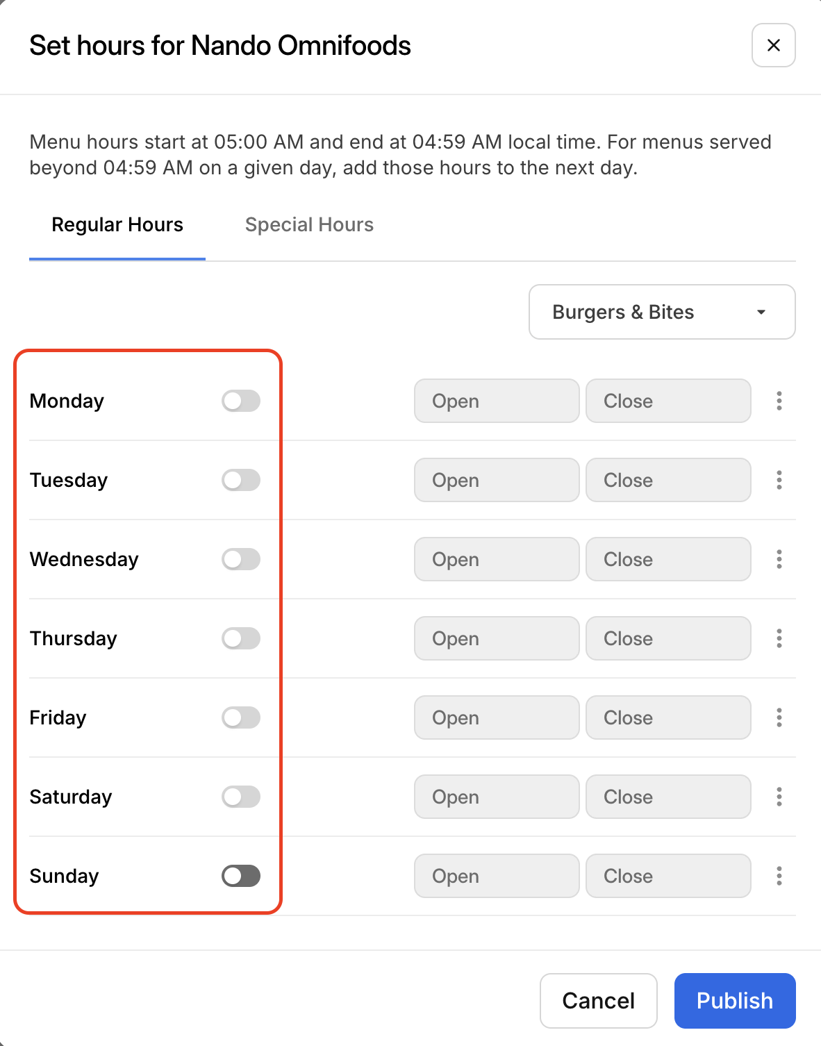 Menu Hours