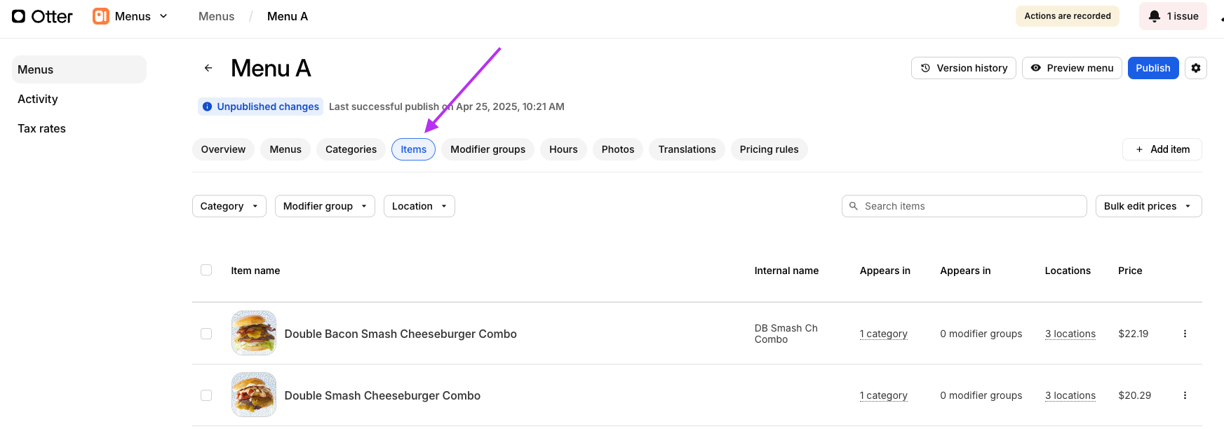 Menu Items Tab